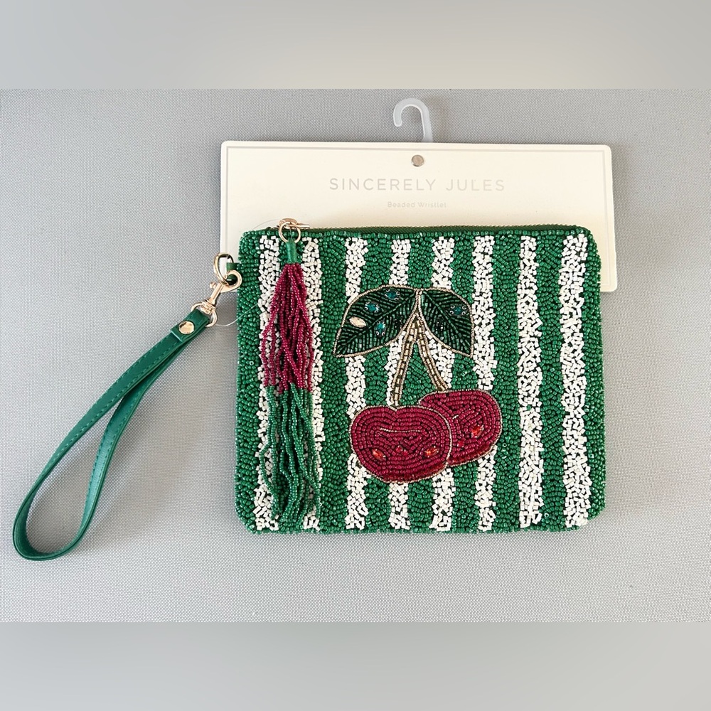 Sincerely Jules Beaded Cherry Stripe Wristlet Purse Travel Bag 8" New